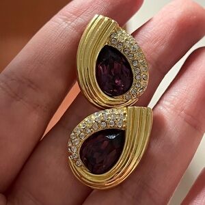 Vintage Christian Dior Teardrop Purple Rhinestone Layered Gold Pierced Earrings